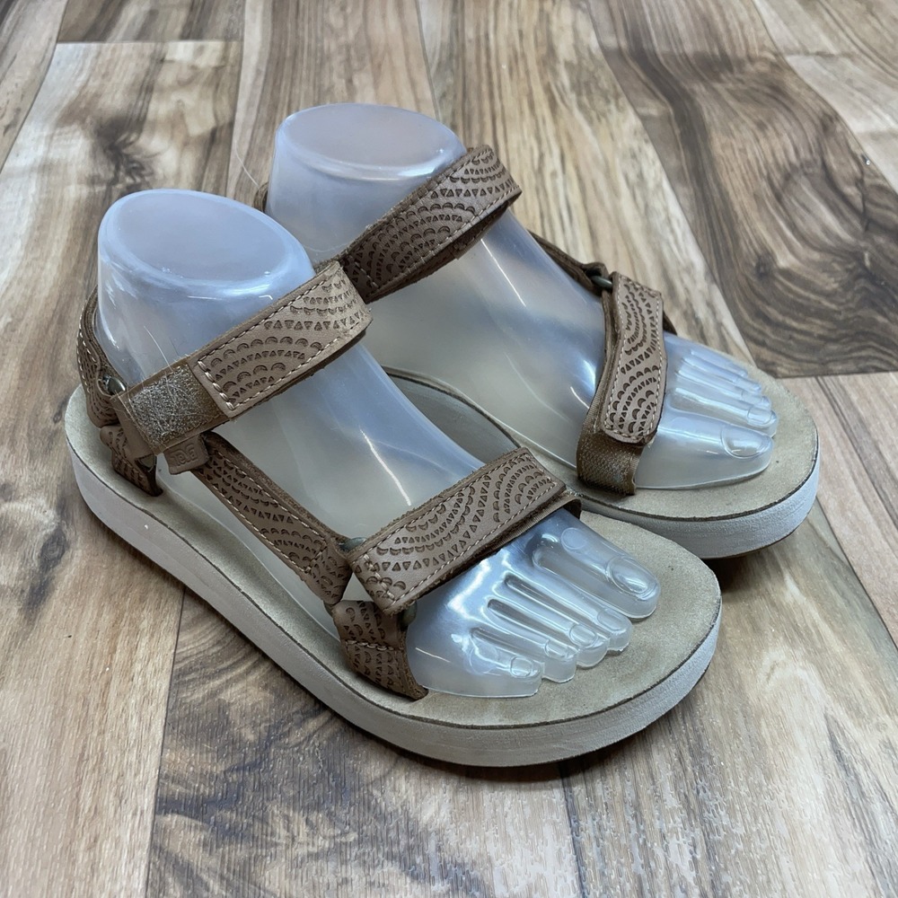 Teva Midform Universal Leather Platform Sandals Star Pattern Tan Brown Size 7